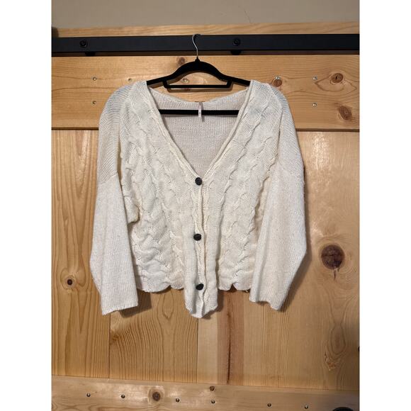 Free People Wool Angora Button Crop Cardigan Sweater Sz L Cream Knit Crocheted - Picture 1 of 4